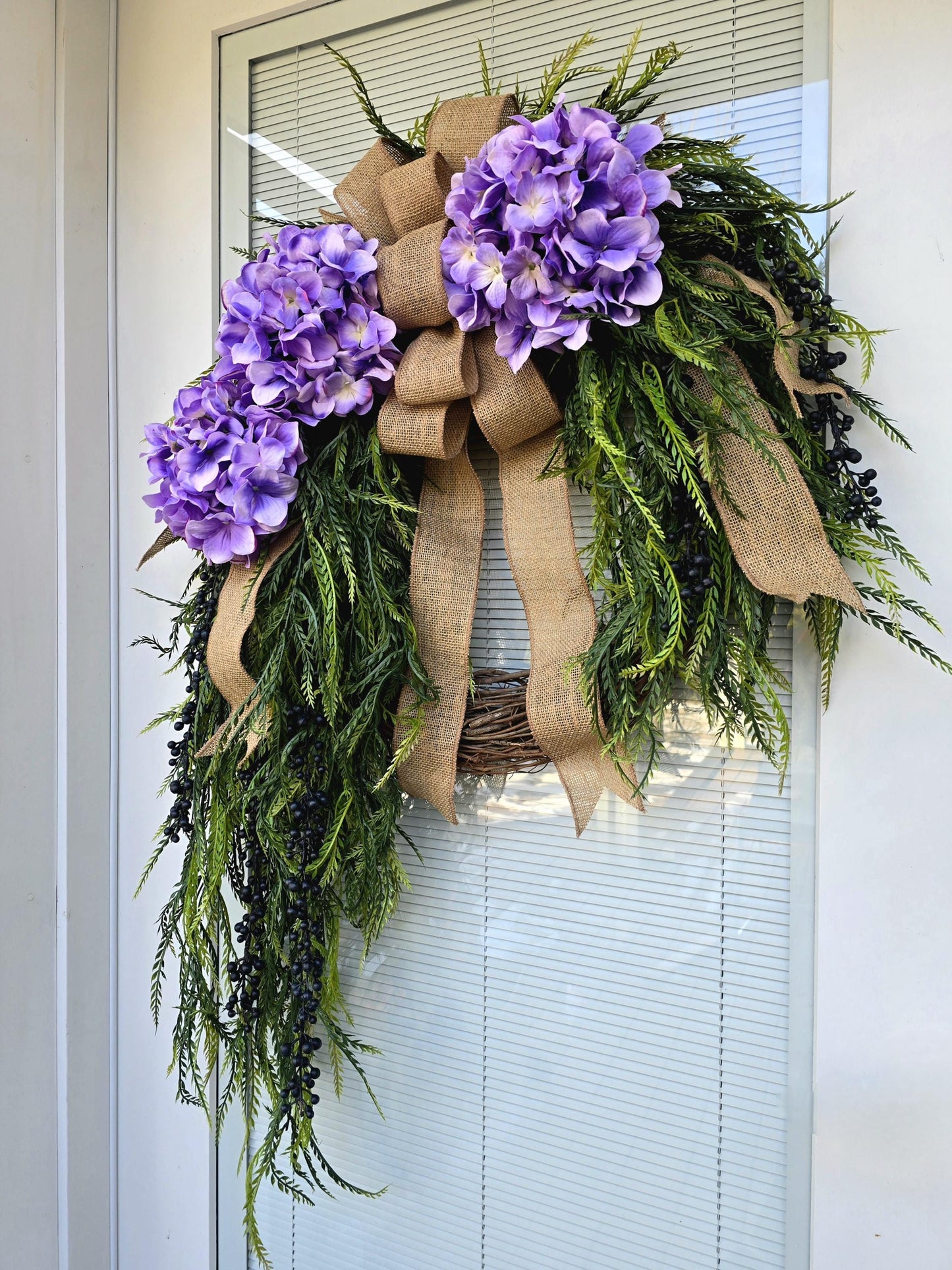 Spring Summer Wreath – Purple Hydrangea with Cascading Greenery and Berries, Ideal for Front Door Double Doors & Indoor Outdoor Home Decor