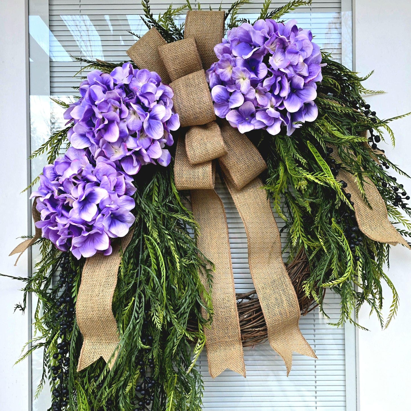 Spring Summer Wreath – Purple Hydrangea with Cascading Greenery and Berries, Ideal for Front Door Double Doors & Indoor Outdoor Home Decor