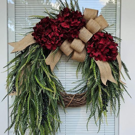 Outdoor Red Hydrangea Wreath For Front Door, Double Door, Grapevine Porch Decor, Farmhouse Year Round Floral Decoration, Hostess Home Gift