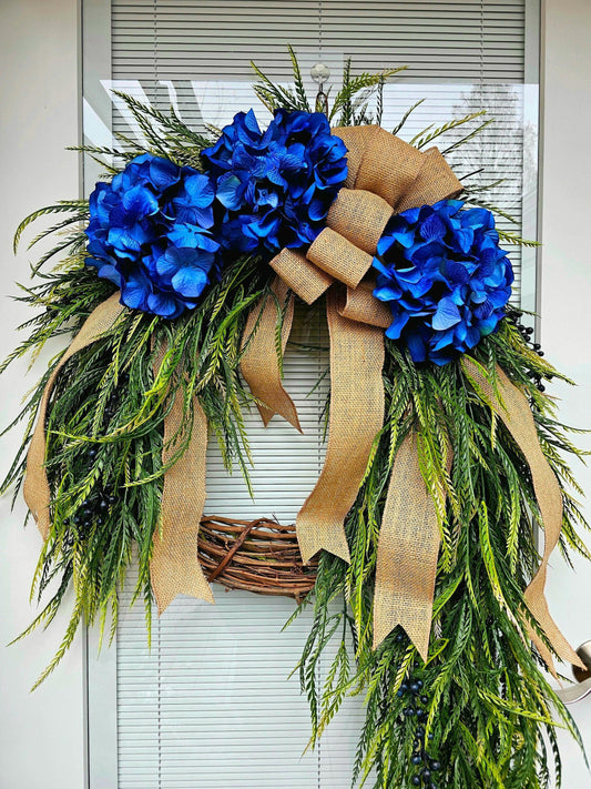 Spring Summer Wreath For Front Door Double Door Wreaths Indoor Outdoor Blue Hydrangea Floral Hanging Greenery Home Decor Housewarming Gifts