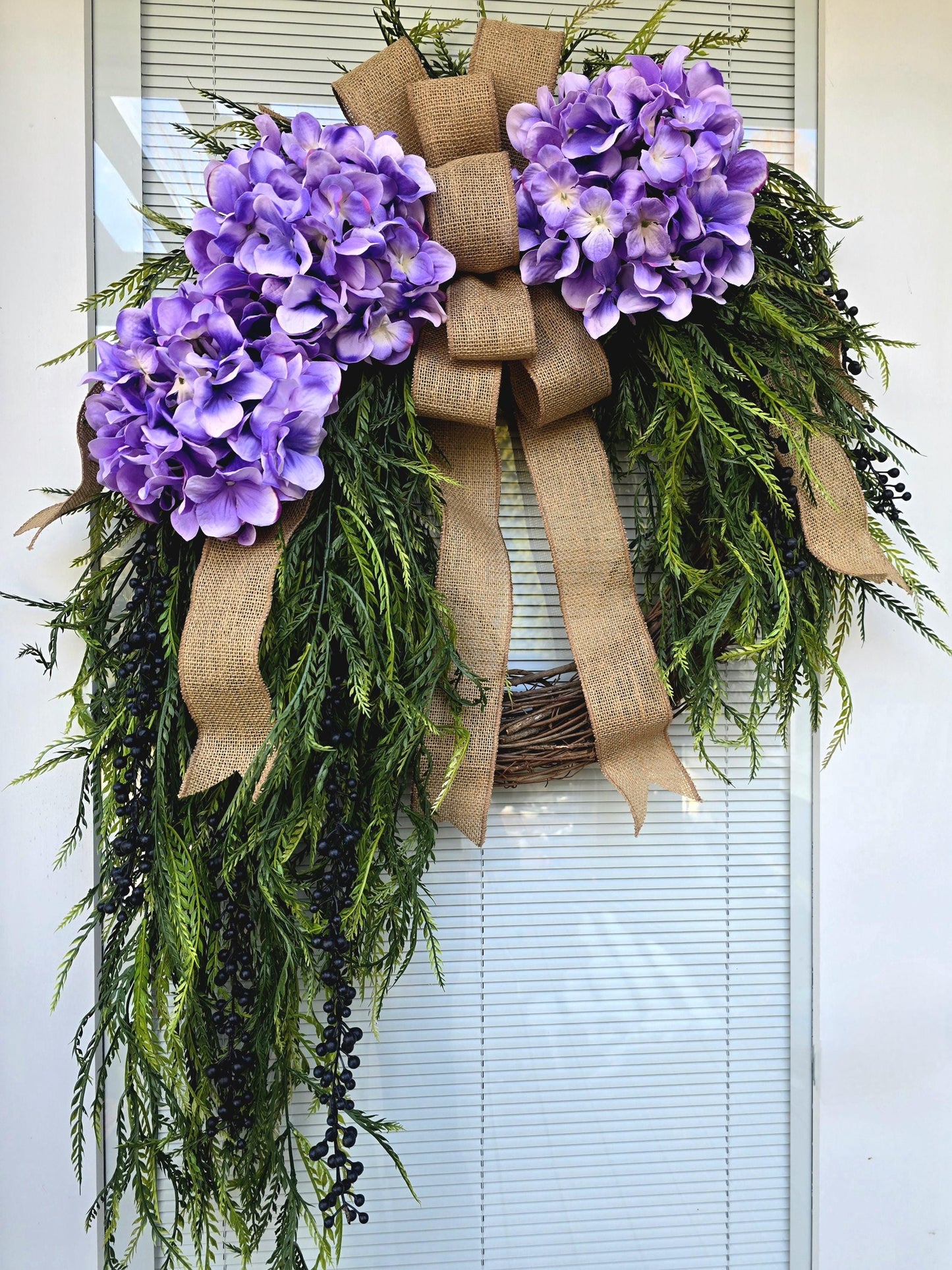 Spring Summer Wreath – Purple Hydrangea with Cascading Greenery and Berries, Ideal for Front Door Double Doors & Indoor Outdoor Home Decor