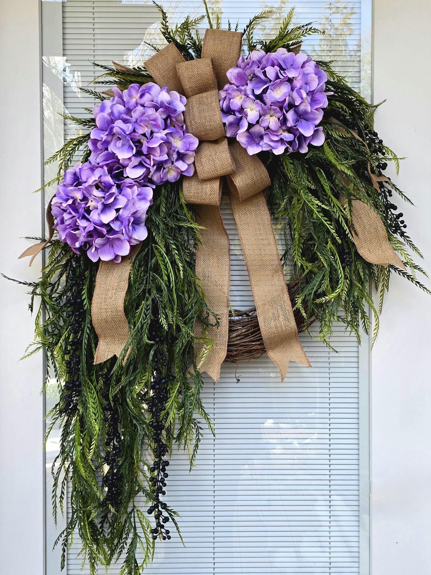 Spring Summer Wreath – Purple Hydrangea with Cascading Greenery and Berries, Ideal for Front Door Double Doors & Indoor Outdoor Home Decor