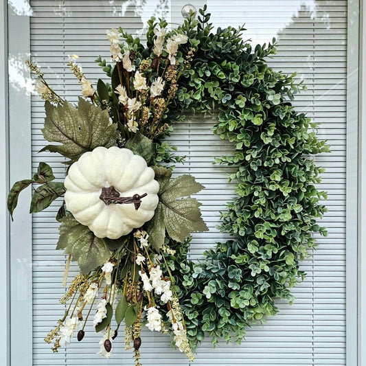 Fall Wreath for Front Door, Double Door Wreath, Thanksgiving Oval Swag, Autumn Harvest Porch Decor, Cream Pumpkin Wall Decoration, Home Gift