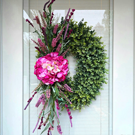 Spring Summer Wreath For Front Door Double Door Wreaths Outdoor Home Decor - Large Oval Eucalyptus Greenery Pink Hydrangea Lavender