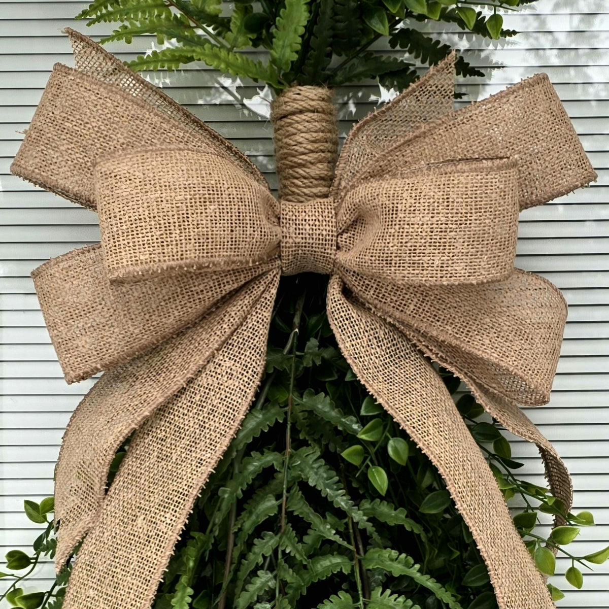 Greenery Teardrop Swag: Faux Fern & Burlap Bow, Indoor Outdoor Decor