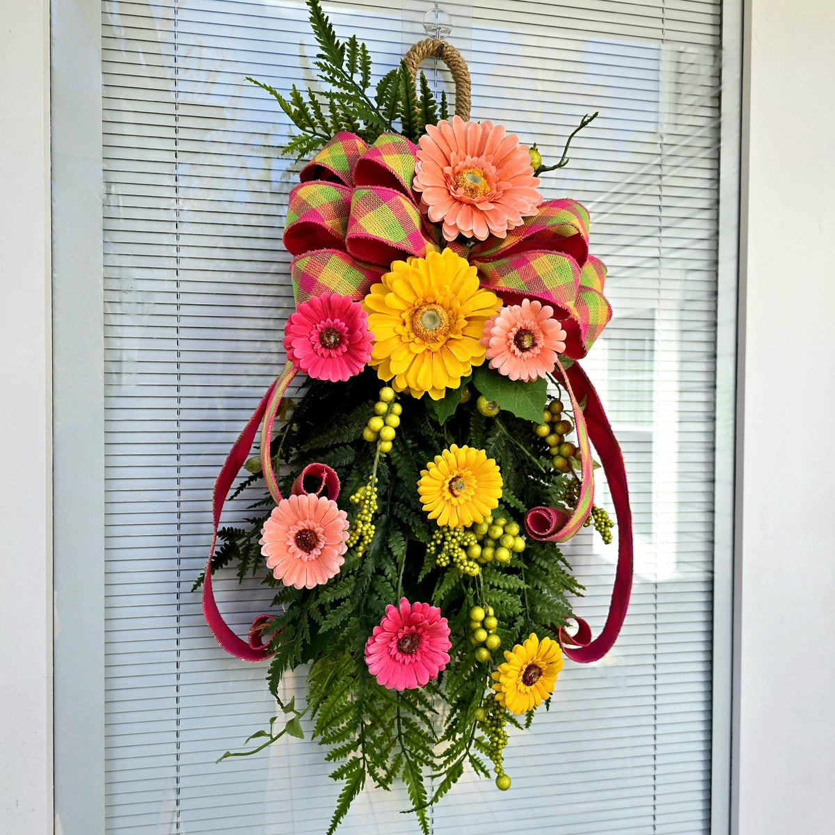 Spring Summer Wreath Swag For Front Door Decor, Double Door Wreaths, Front Porch Wreath, Door Swag With Colorful Gerbera Daisy Fern Berries