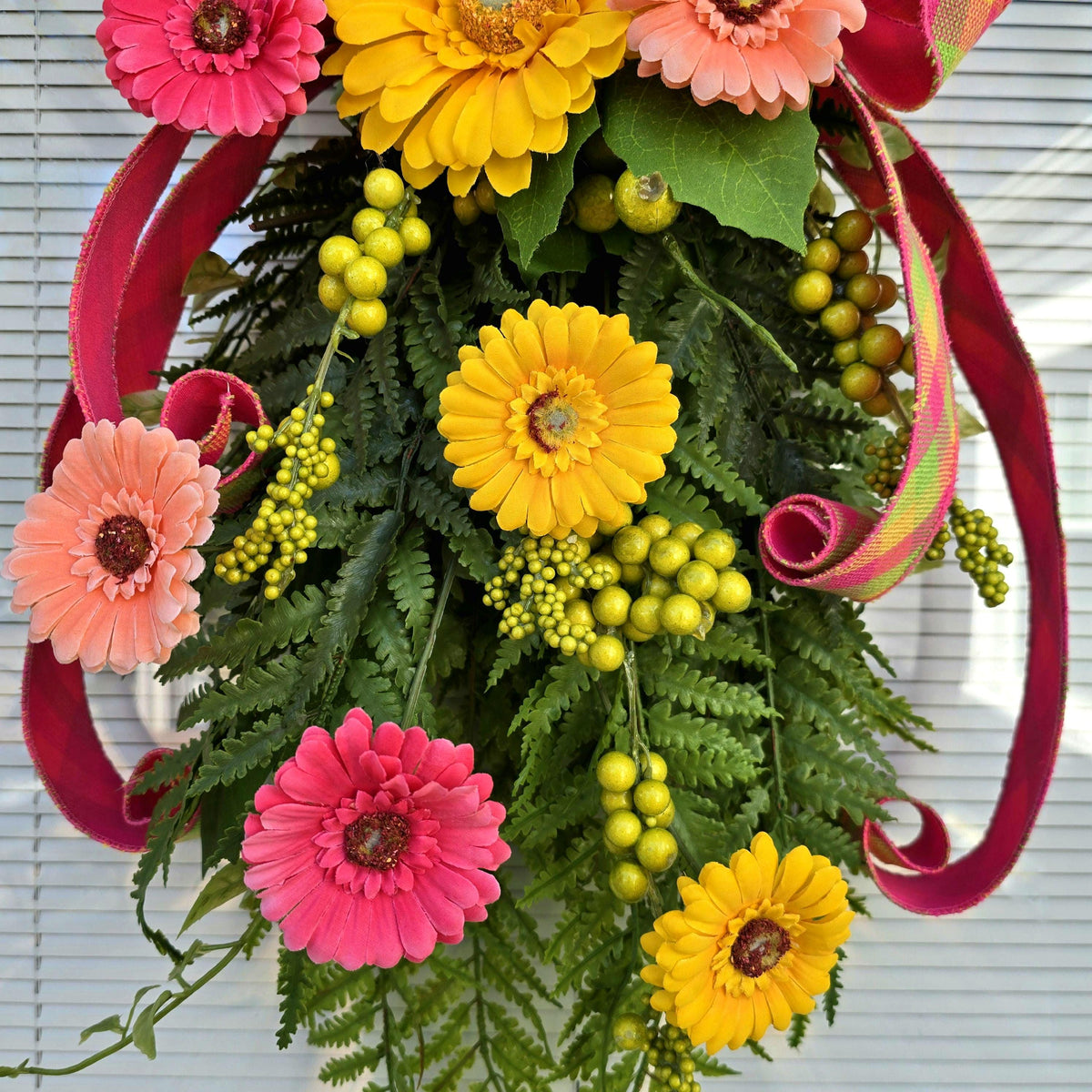 Spring Summer Wreath Swag For Front Door Decor, Double Door Wreaths, Front Porch Wreath, Door Swag With Colorful Gerbera Daisy Fern Berries