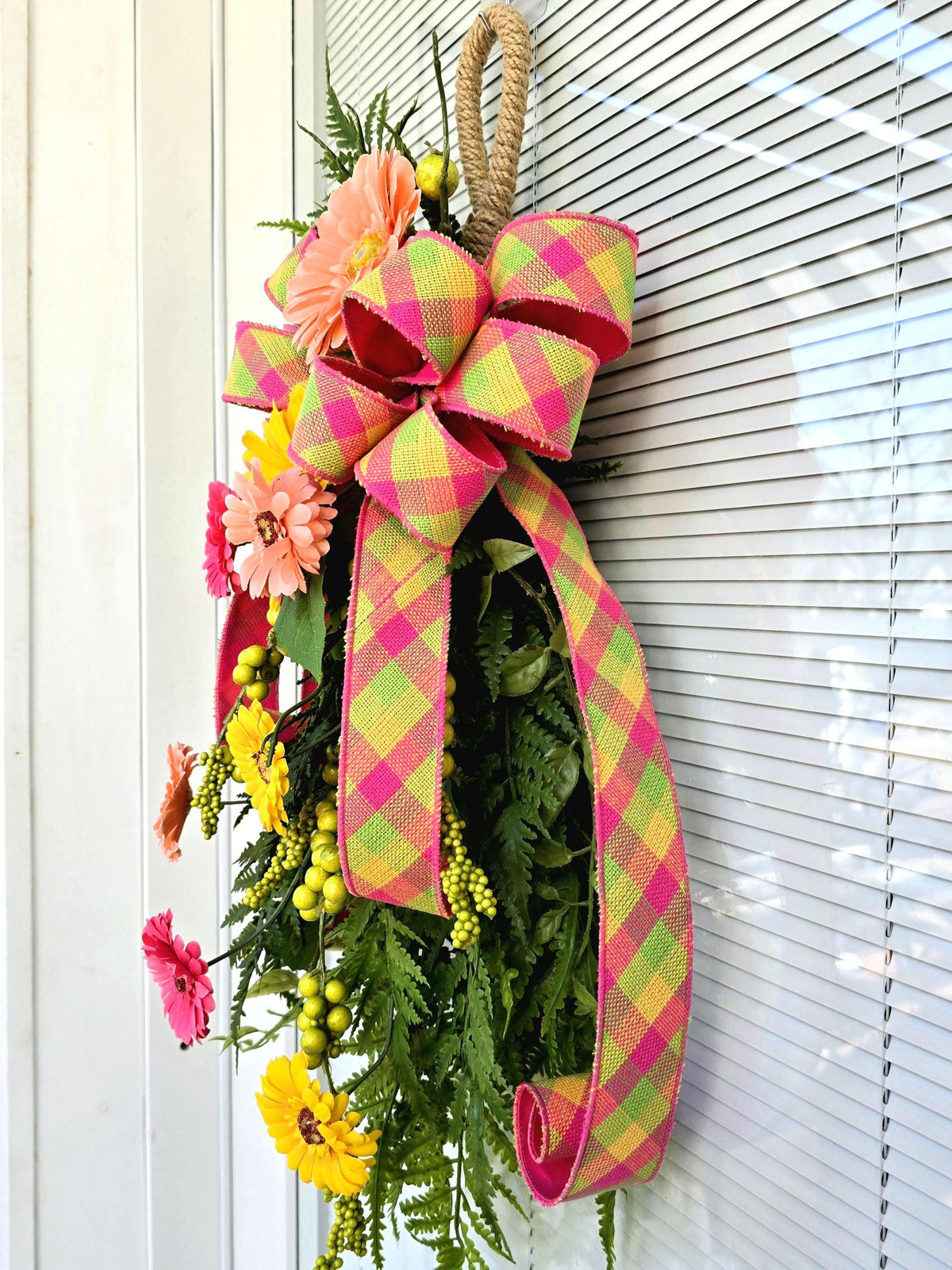 Spring Summer Wreath Swag For Front Door Decor, Double Door Wreaths, Front Porch Wreath, Door Swag With Colorful Gerbera Daisy Fern Berries
