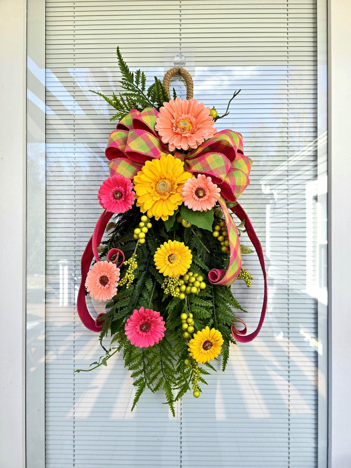 Spring Summer Wreath Swag For Front Door Decor, Double Door Wreaths, Front Porch Wreath, Door Swag With Colorful Gerbera Daisy Fern Berries