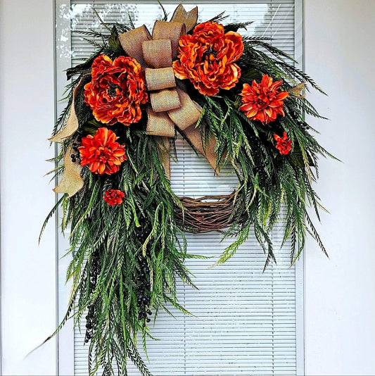 Orange Floral Wreath: Peonies, Dahlias, Burlap Bow, Grapevine Base