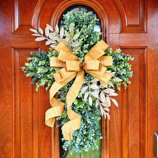 Boxwood Cross Wreath for Front Door, Farmhouse Religious Decor, Easter & Lent Cross Wreaths, Christian Door Hanger