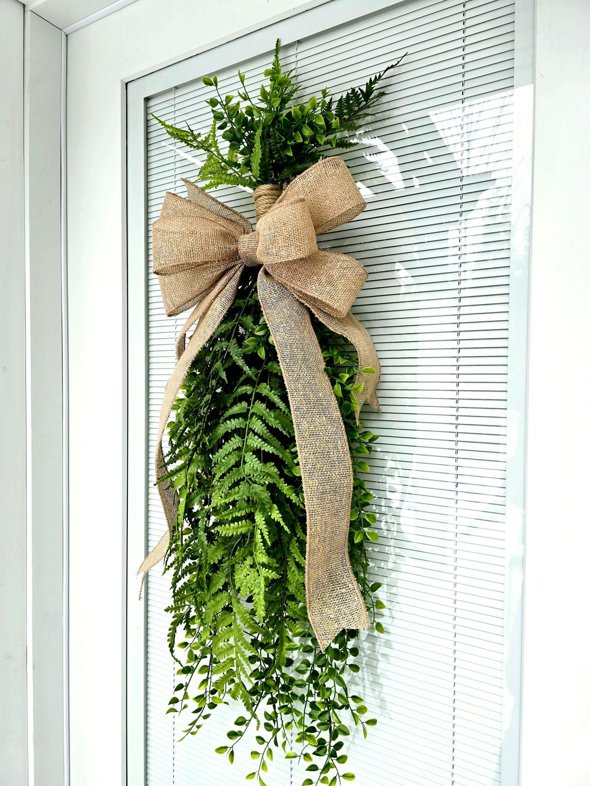 Greenery Teardrop Swag: Faux Fern & Burlap Bow, Indoor Outdoor Decor