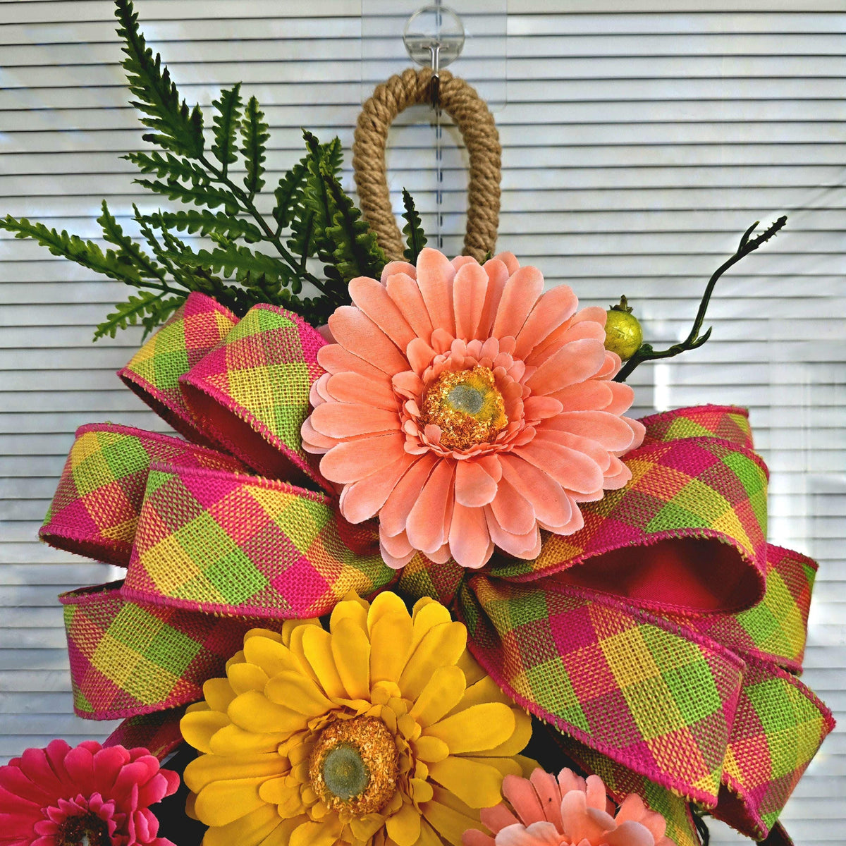Spring Summer Wreath Swag For Front Door Decor, Double Door Wreaths, Front Porch Wreath, Door Swag With Colorful Gerbera Daisy Fern Berries
