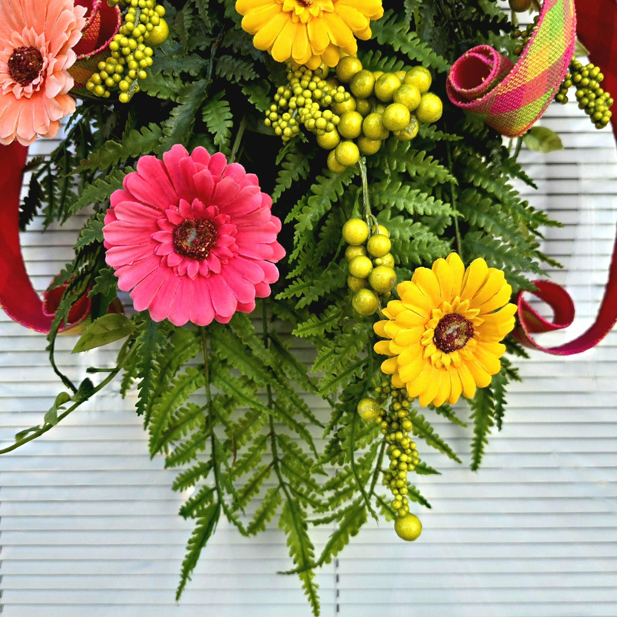 Spring Summer Wreath Swag For Front Door Decor, Double Door Wreaths, Front Porch Wreath, Door Swag With Colorful Gerbera Daisy Fern Berries