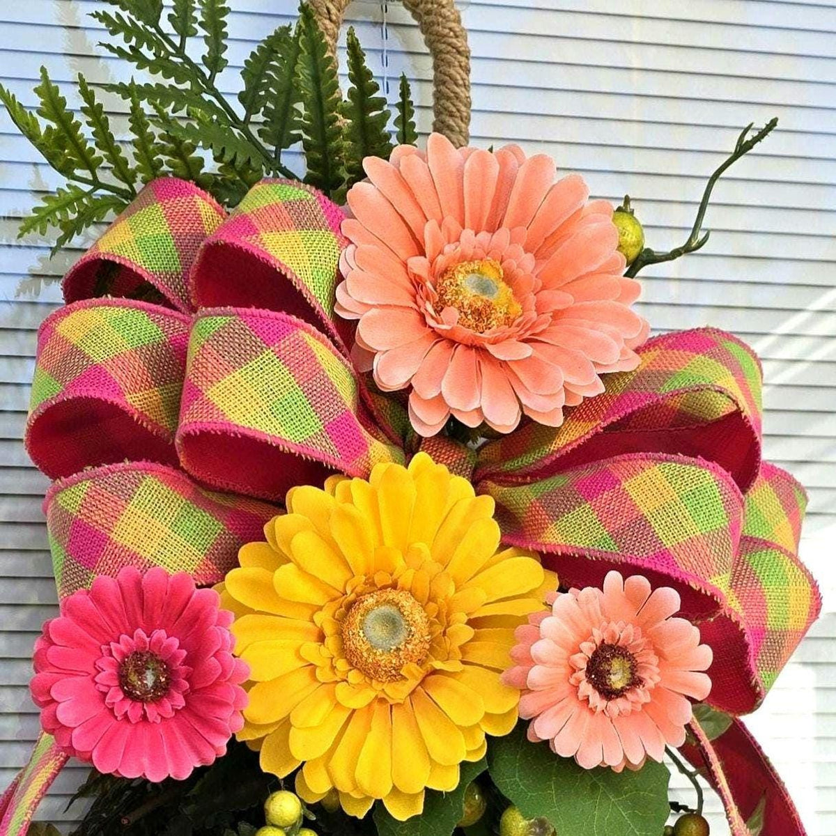Spring Summer Wreath Swag For Front Door Decor, Double Door Wreaths, Front Porch Wreath, Door Swag With Colorful Gerbera Daisy Fern Berries
