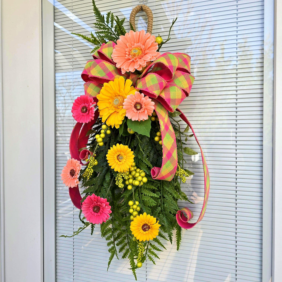 Spring Summer Wreath Swag For Front Door Decor, Double Door Wreaths, Front Porch Wreath, Door Swag With Colorful Gerbera Daisy Fern Berries