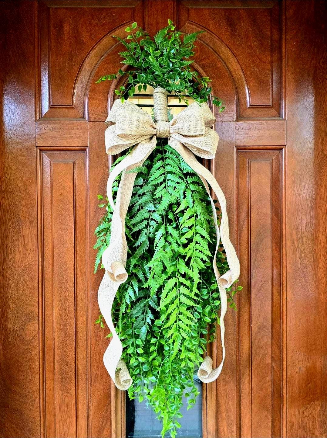 Greenery Teardrop Swag: Faux Fern & Burlap Bow, Indoor Outdoor Decor
