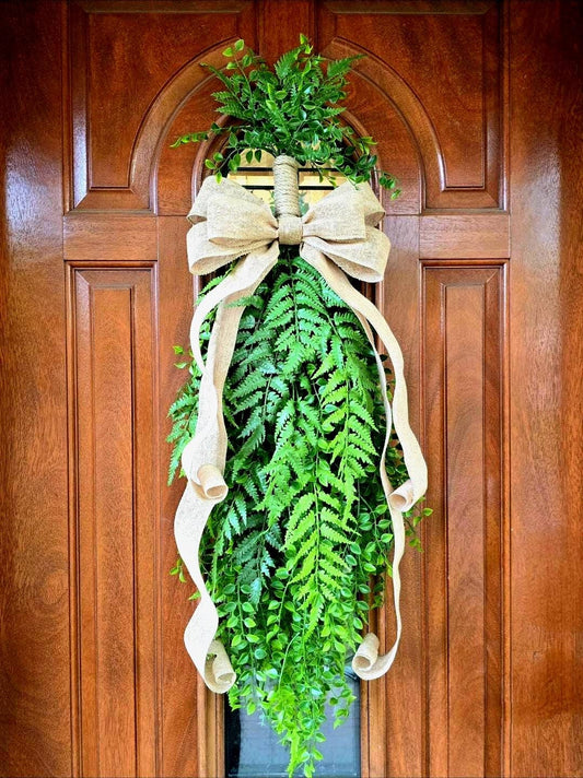 Greenery Teardrop Swag: Faux Fern & Burlap Bow, Indoor Outdoor Decor