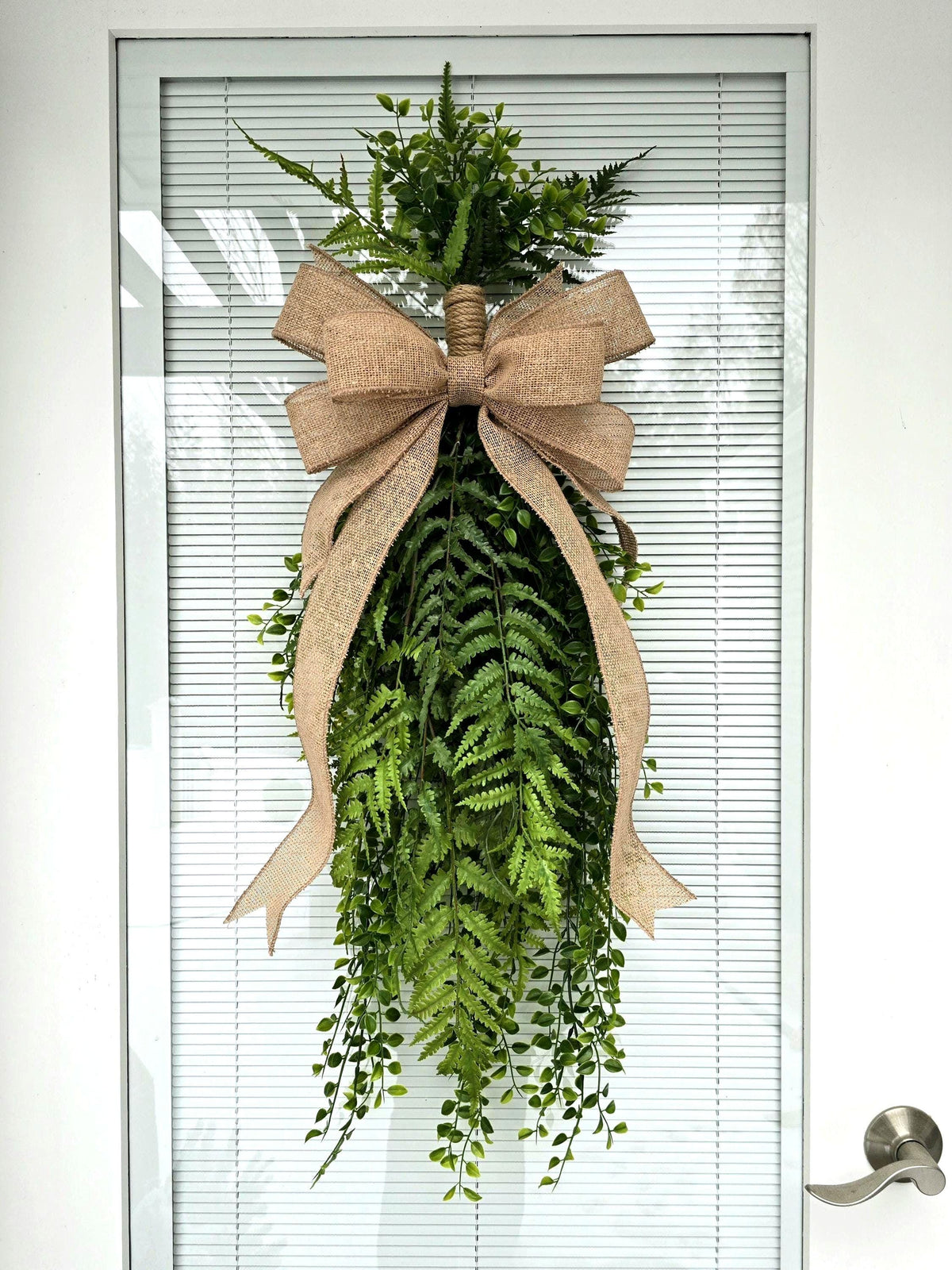 Greenery Teardrop Swag: Faux Fern & Burlap Bow, Indoor Outdoor Decor