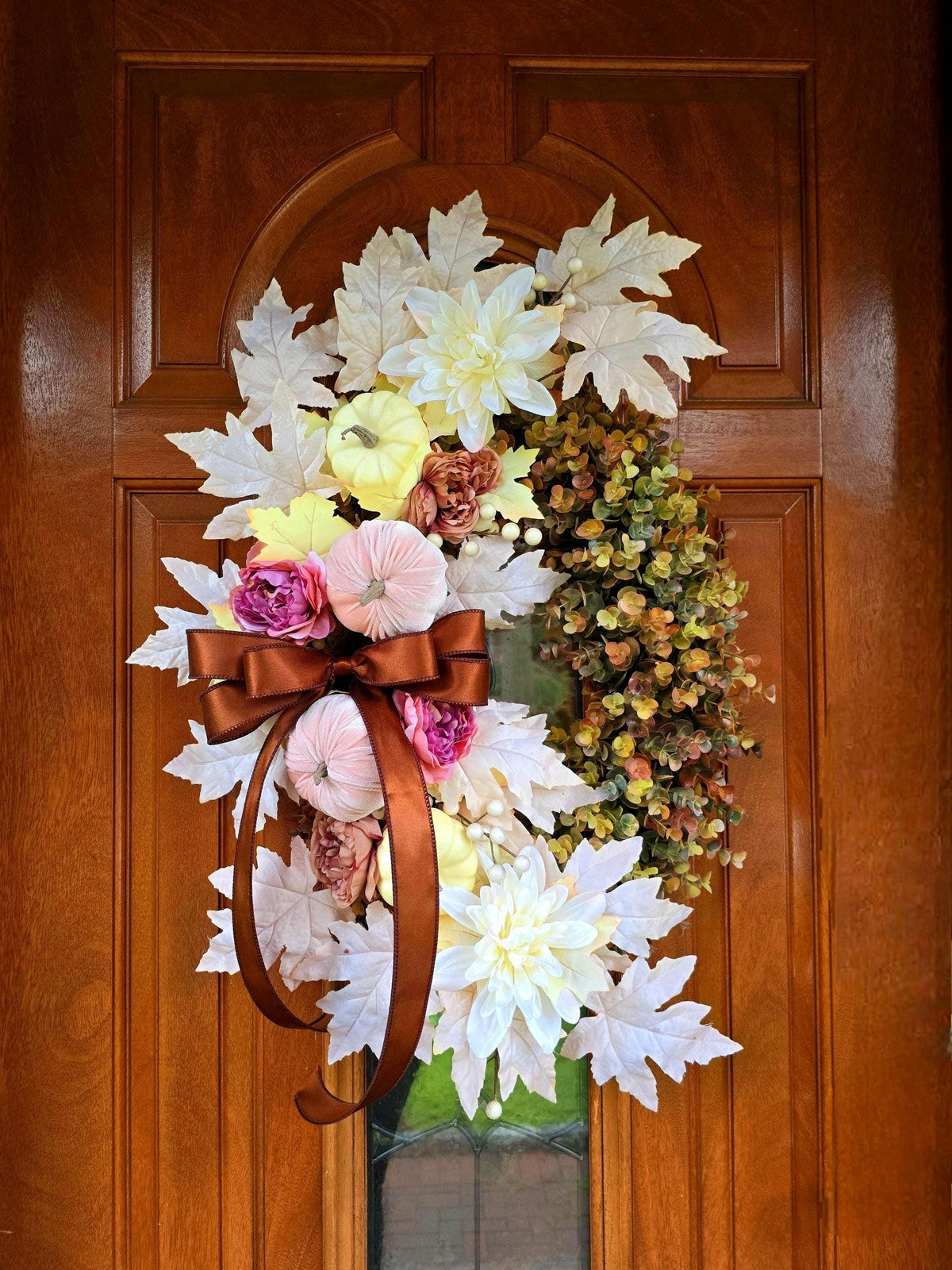 Large Fall Wreath For Front Door Outdoor Autumn Decor Double Doors Wreaths XL Thanksgiving Harvest Porch Decor - Oval Eucalyptus & Pumpkin