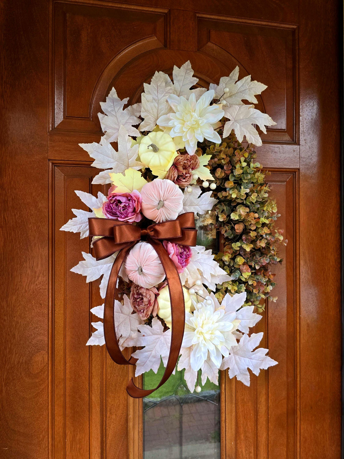 Large Fall Wreath For Front Door Outdoor Autumn Decor Double Doors Wreaths XL Thanksgiving Harvest Porch Decor - Oval Eucalyptus & Pumpkin