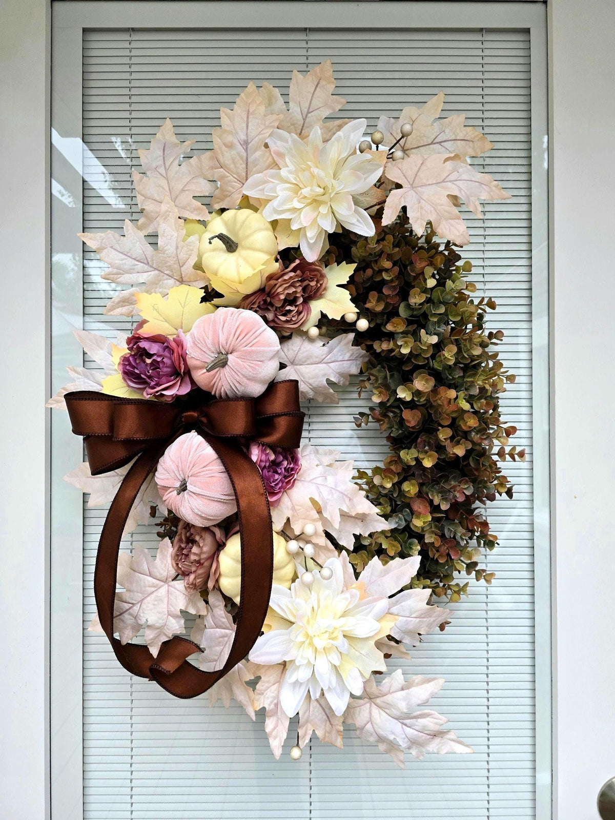 Large Fall Wreath For Front Door Outdoor Autumn Decor Double Doors Wreaths XL Thanksgiving Harvest Porch Decor - Oval Eucalyptus & Pumpkin