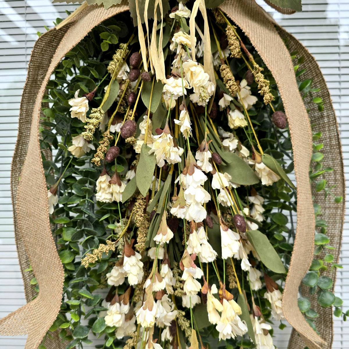 Large Fall Wreath For Front Door Outdoor Autumn Decor Double Door Wreaths Pumpkin Teardrop Swag -Off White Cream Neutral Wildflower Florals