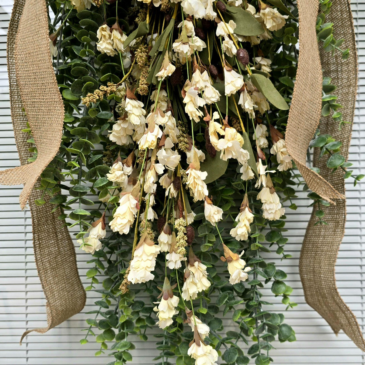 Large Fall Wreath For Front Door Outdoor Autumn Decor Double Door Wreaths Pumpkin Teardrop Swag -Off White Cream Neutral Wildflower Florals