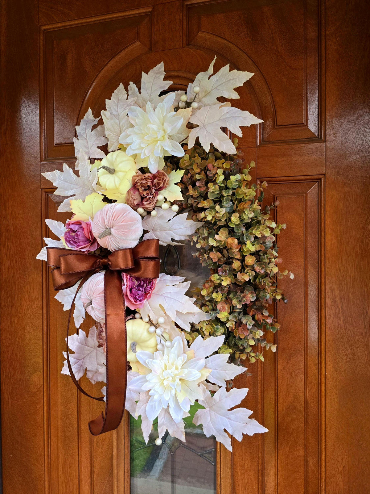 Large Fall Wreath For Front Door Outdoor Autumn Decor Double Doors Wreaths XL Thanksgiving Harvest Porch Decor - Oval Eucalyptus & Pumpkin