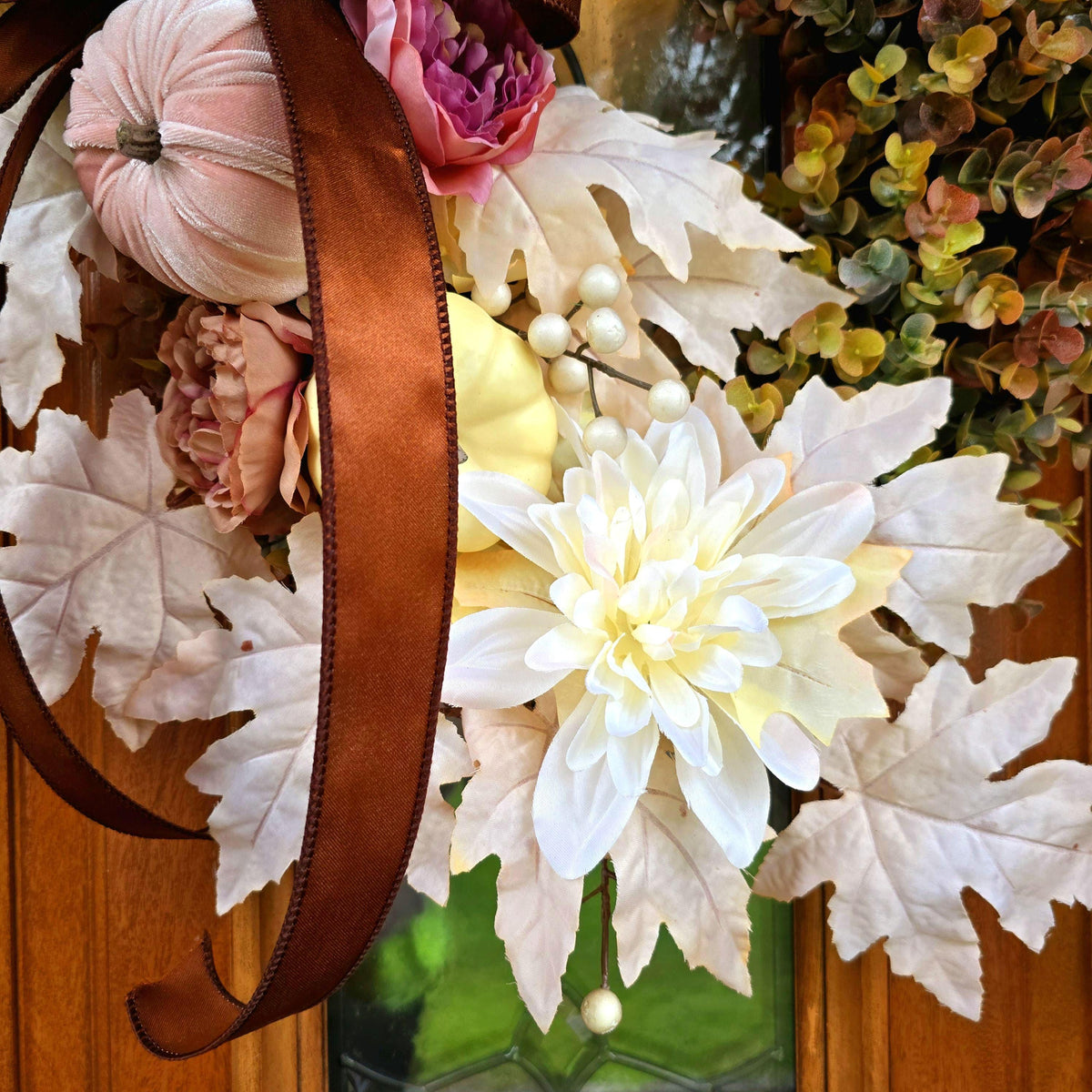 Large Fall Wreath For Front Door Outdoor Autumn Decor Double Doors Wreaths XL Thanksgiving Harvest Porch Decor - Oval Eucalyptus & Pumpkin