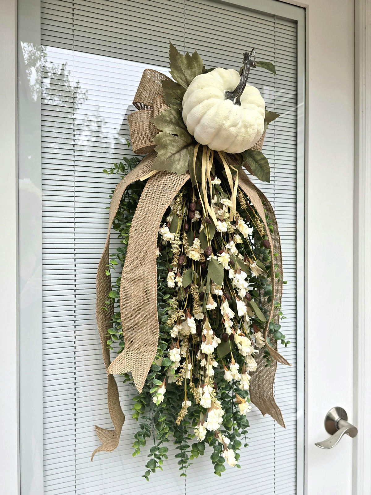 Large Fall Wreath For Front Door Outdoor Autumn Decor Double Door Wreaths Pumpkin Teardrop Swag -Off White Cream Neutral Wildflower Florals