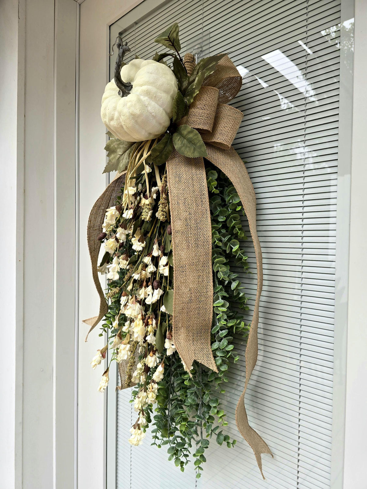 Large Fall Wreath For Front Door Outdoor Autumn Decor Double Door Wreaths Pumpkin Teardrop Swag -Off White Cream Neutral Wildflower Florals