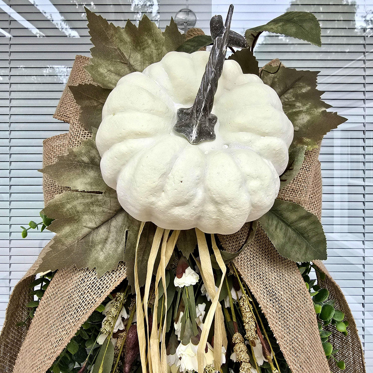 Large Fall Wreath For Front Door Outdoor Autumn Decor Double Door Wreaths Pumpkin Teardrop Swag -Off White Cream Neutral Wildflower Florals