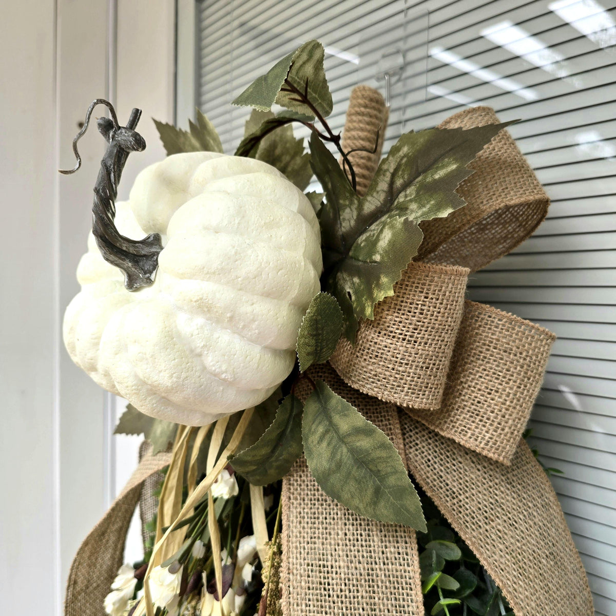 Large Fall Wreath For Front Door Outdoor Autumn Decor Double Door Wreaths Pumpkin Teardrop Swag -Off White Cream Neutral Wildflower Florals