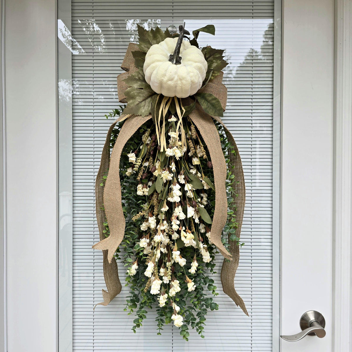 Large Fall Wreath For Front Door Outdoor Autumn Decor Double Door Wreaths Pumpkin Teardrop Swag -Off White Cream Neutral Wildflower Florals