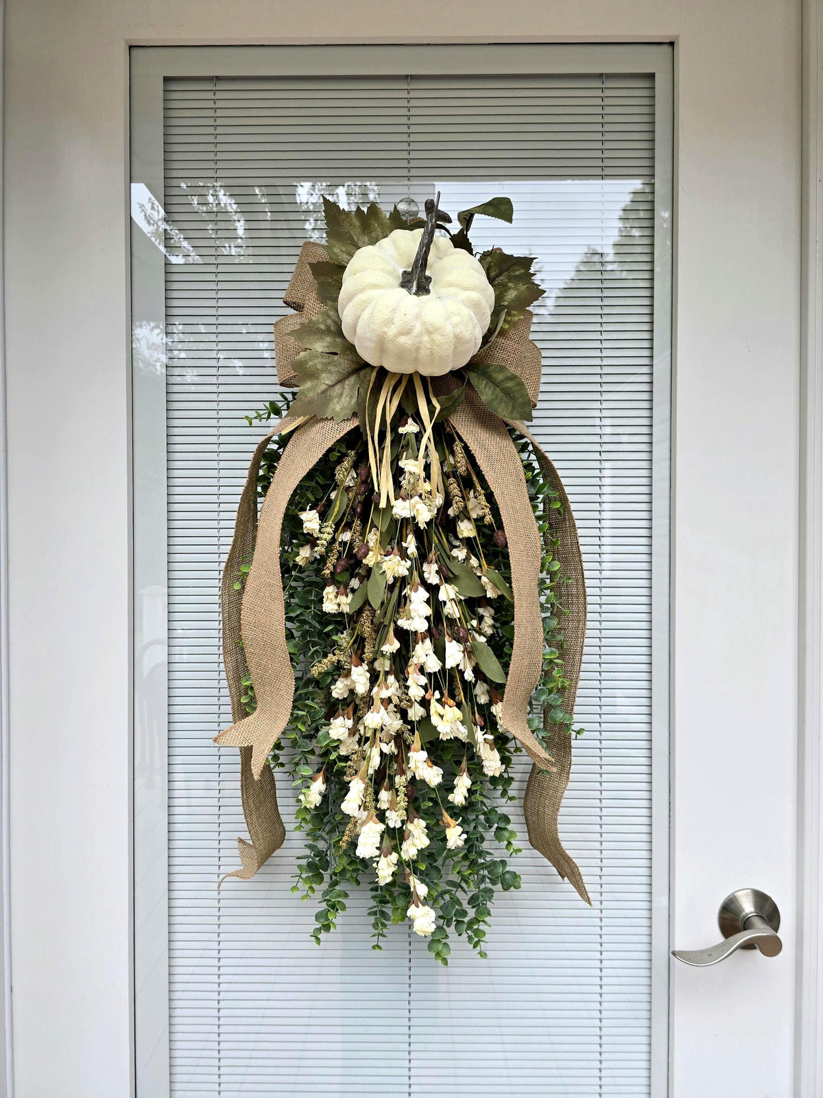 Large Fall Wreath For Front Door Outdoor Autumn Decor Double Door Wreaths Pumpkin Teardrop Swag -Off White Cream Neutral Wildflower Florals