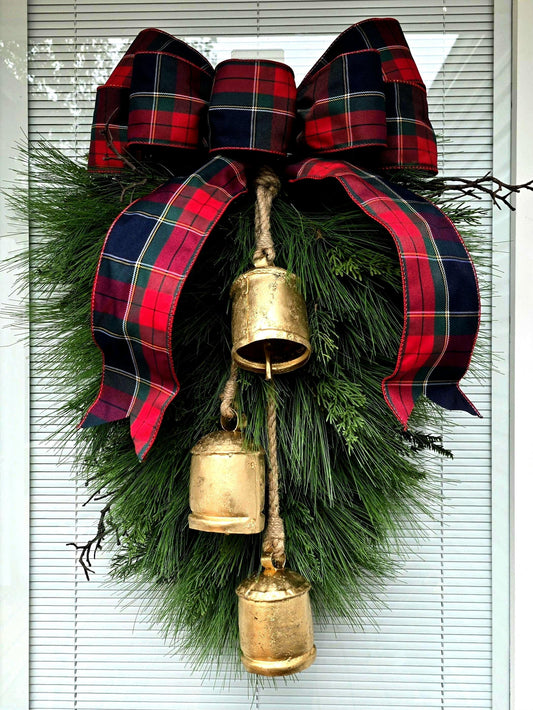 Traditional Christmas Wreath For Front Door, Double Doors Wreaths, Outdoor Extra Large Xmas Swag, XL Holiday Teardrop & Bells, Home Gifts