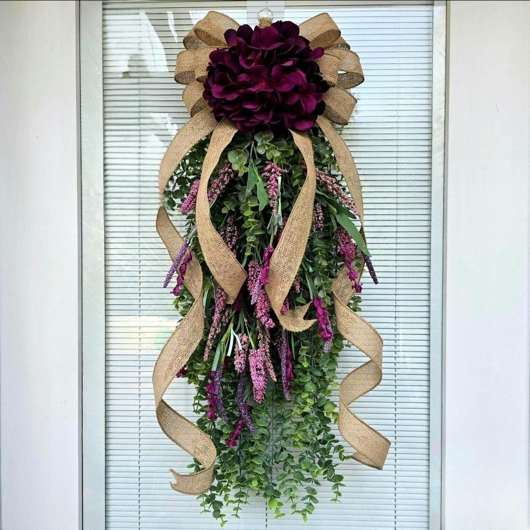 Handmade Spring Summer Fall Wreath Teardrop Swag For Front Door Outdoor Year Round Double Door Wreaths Porch Decor Hydrangea Lavender Floral