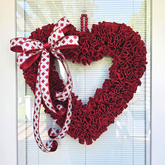 Valentine Wreath For Front Door Decor - Outdoor VDay Red Heart Shaped Hanger