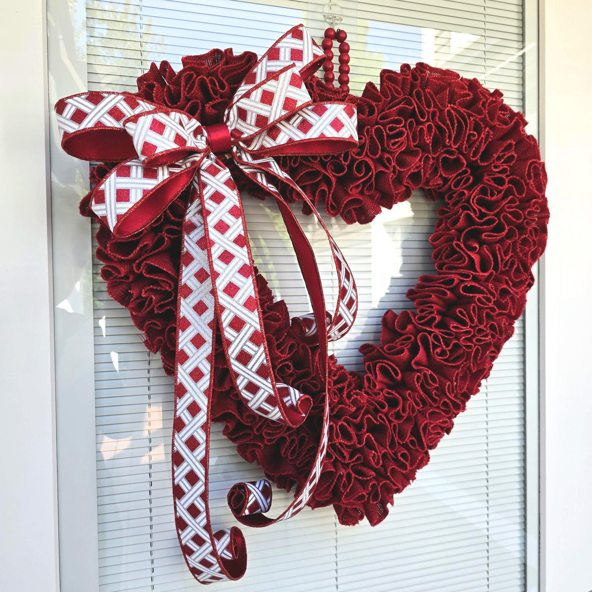Valentine Wreath For Front Door Decor - Outdoor VDay Red Heart Shaped Hanger