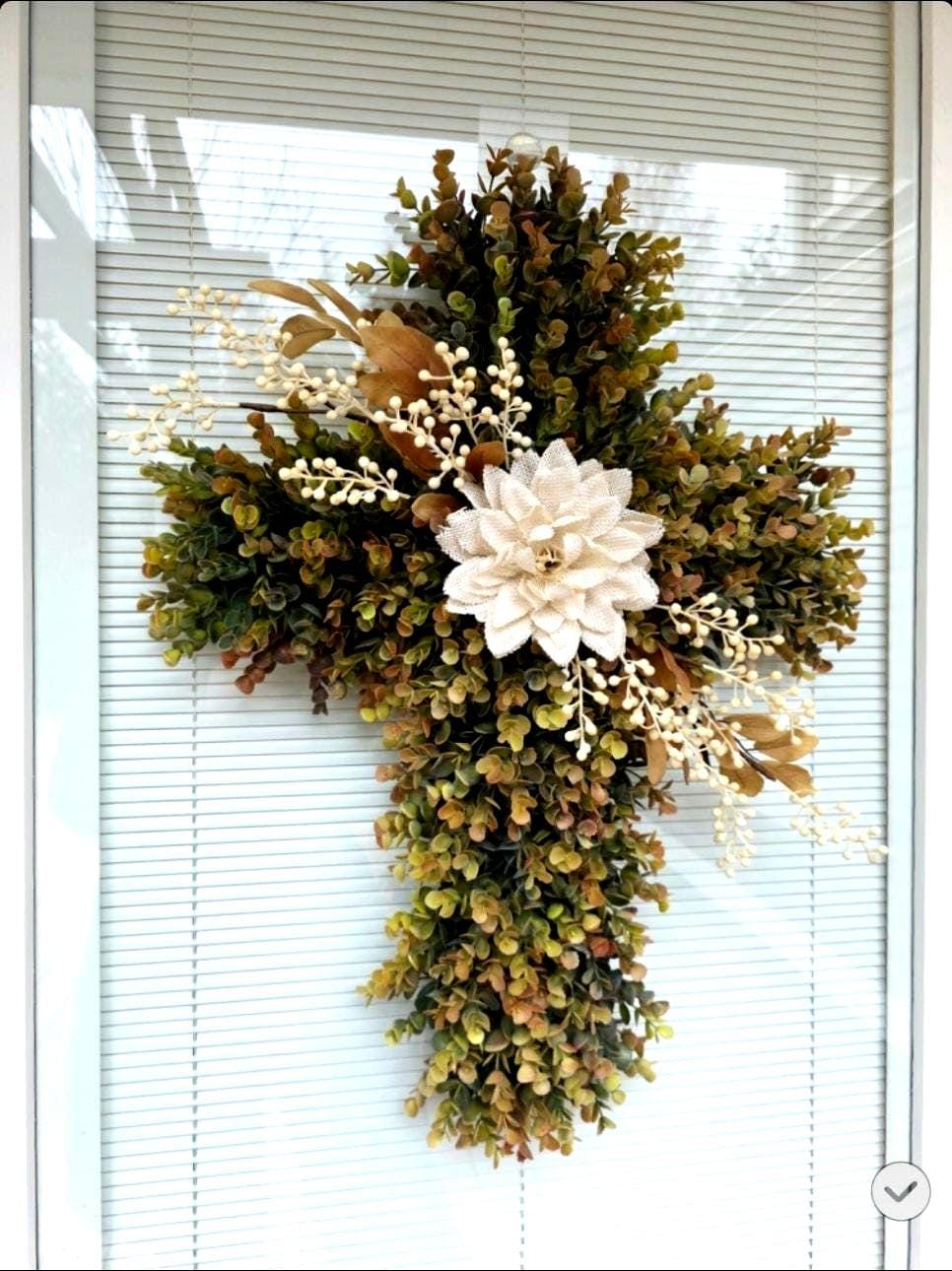 Large Fall Cross Wreath for Front Door Outdoor Christian Decor Autumn Swag Religious Wall Decor Double Door Wreaths Thanksgiving Decoration