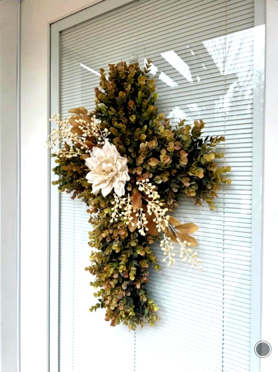 Large Fall Cross Wreath for Front Door Outdoor Christian Decor Autumn Swag Religious Wall Decor Double Door Wreaths Thanksgiving Decoration