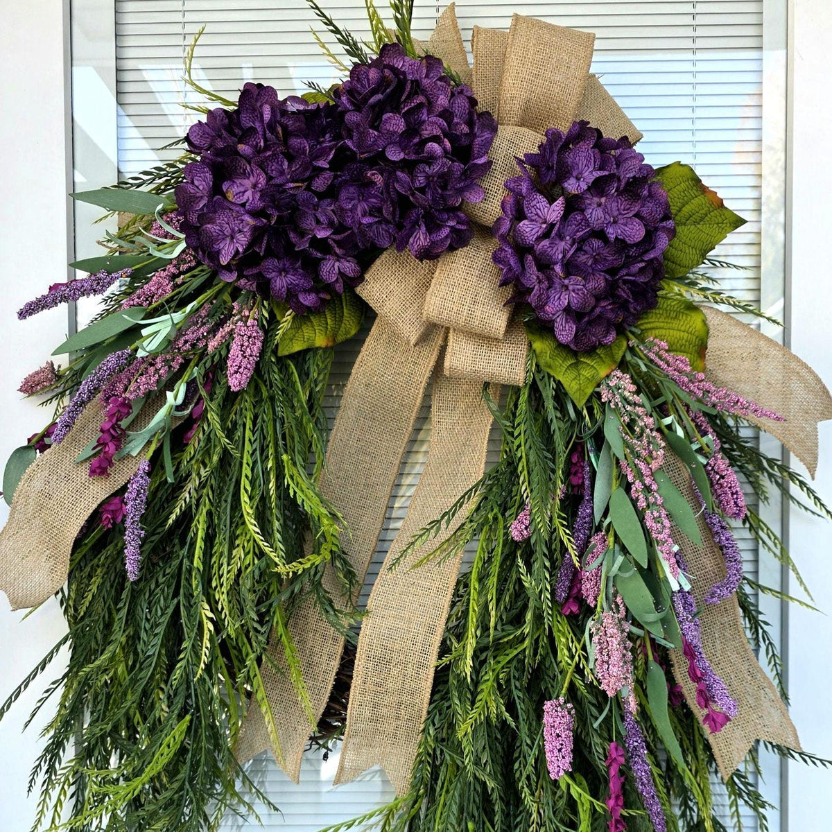 Spring Summer Wreath For Front Door Decor Outdoor With Purple Florals Lavender & Saw Grass, Double Door Wreaths, Porch, Rustic Farmhouse