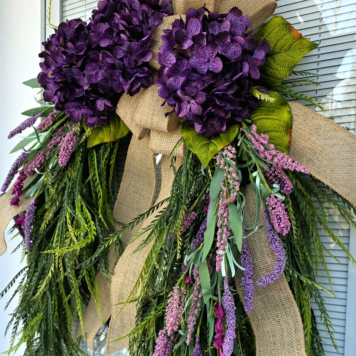 Spring Summer Wreath For Front Door Decor Outdoor With Purple Florals Lavender & Saw Grass, Double Door Wreaths, Porch, Rustic Farmhouse