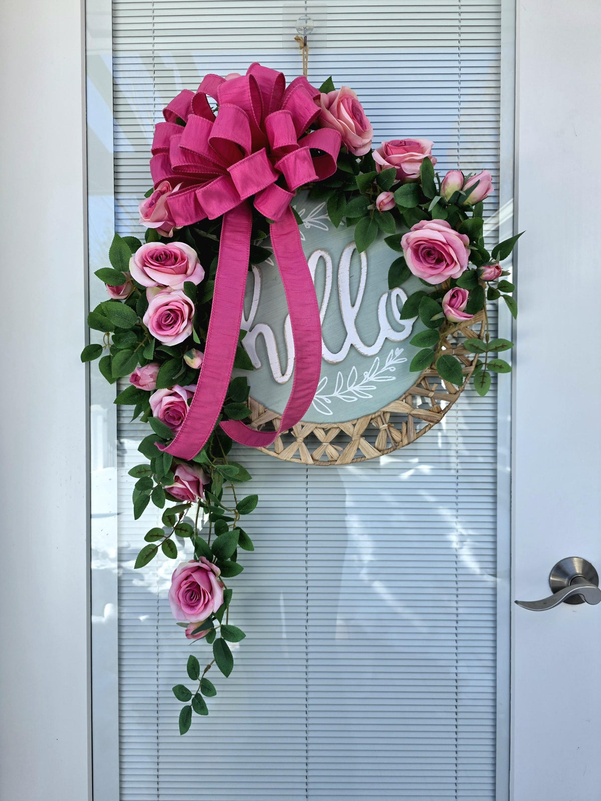 Spring Summer Wreath For Front Door Decor With Hello Sign, Roses and Beaded Hanger