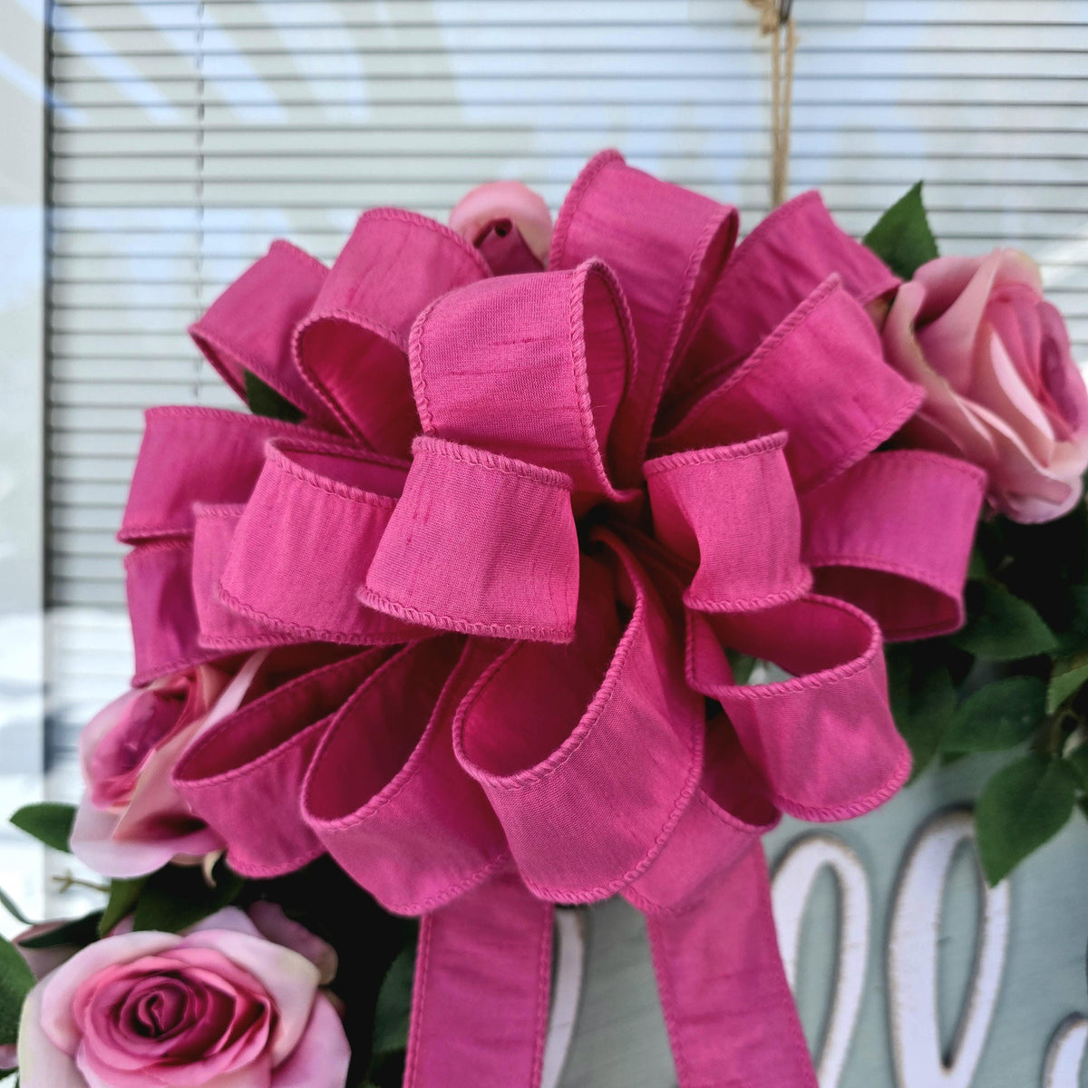 Spring Summer Wreath For Front Door Decor With Hello Sign, Roses and Beaded Hanger
