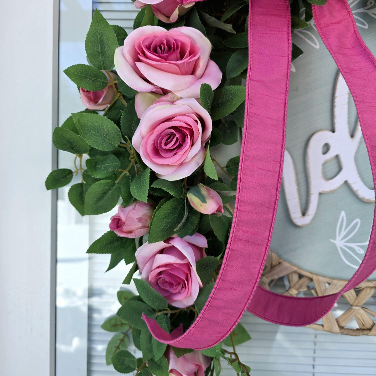 Spring Summer Wreath For Front Door Decor With Hello Sign, Roses and Beaded Hanger