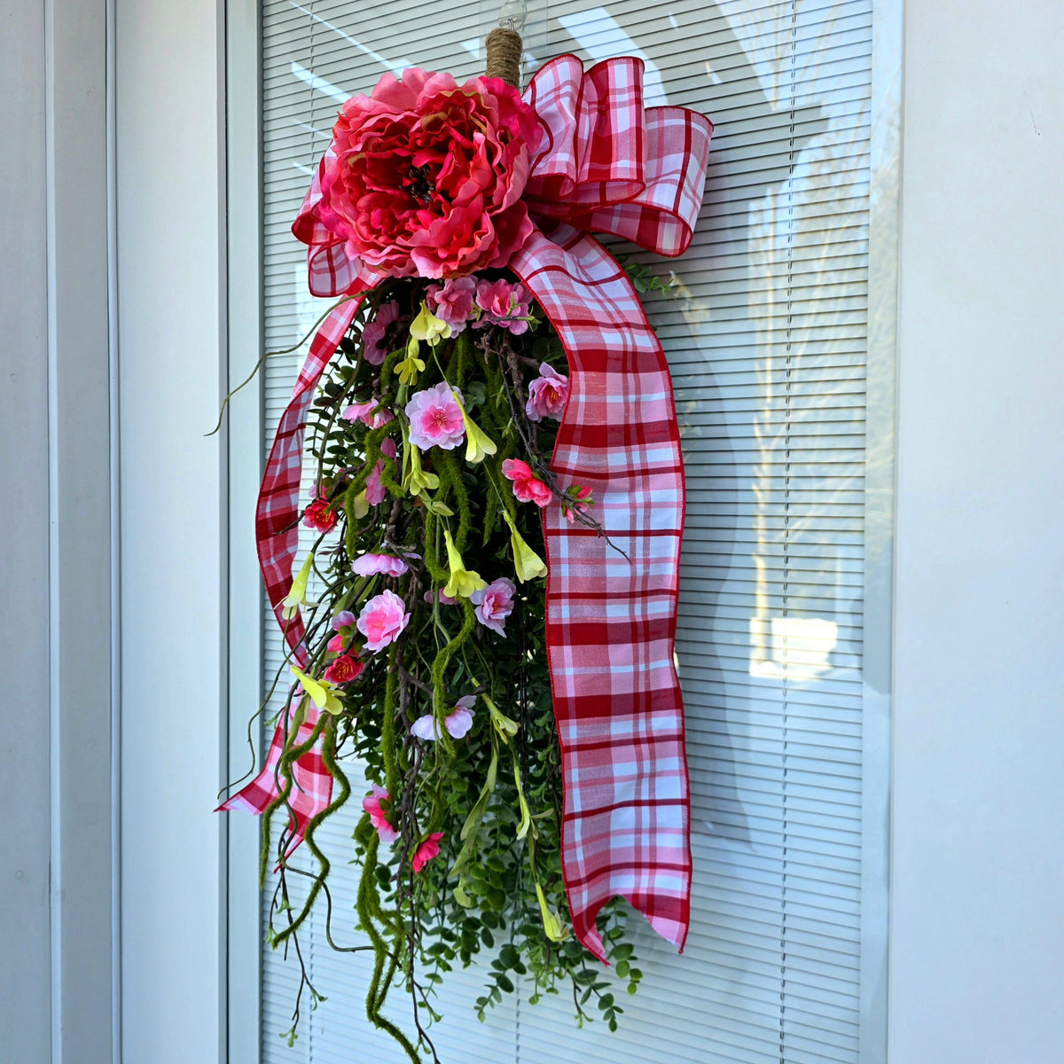 Spring Summer Wreath Teardrop Swag - Pink Floral Rustic Farmhouse Porch Decor