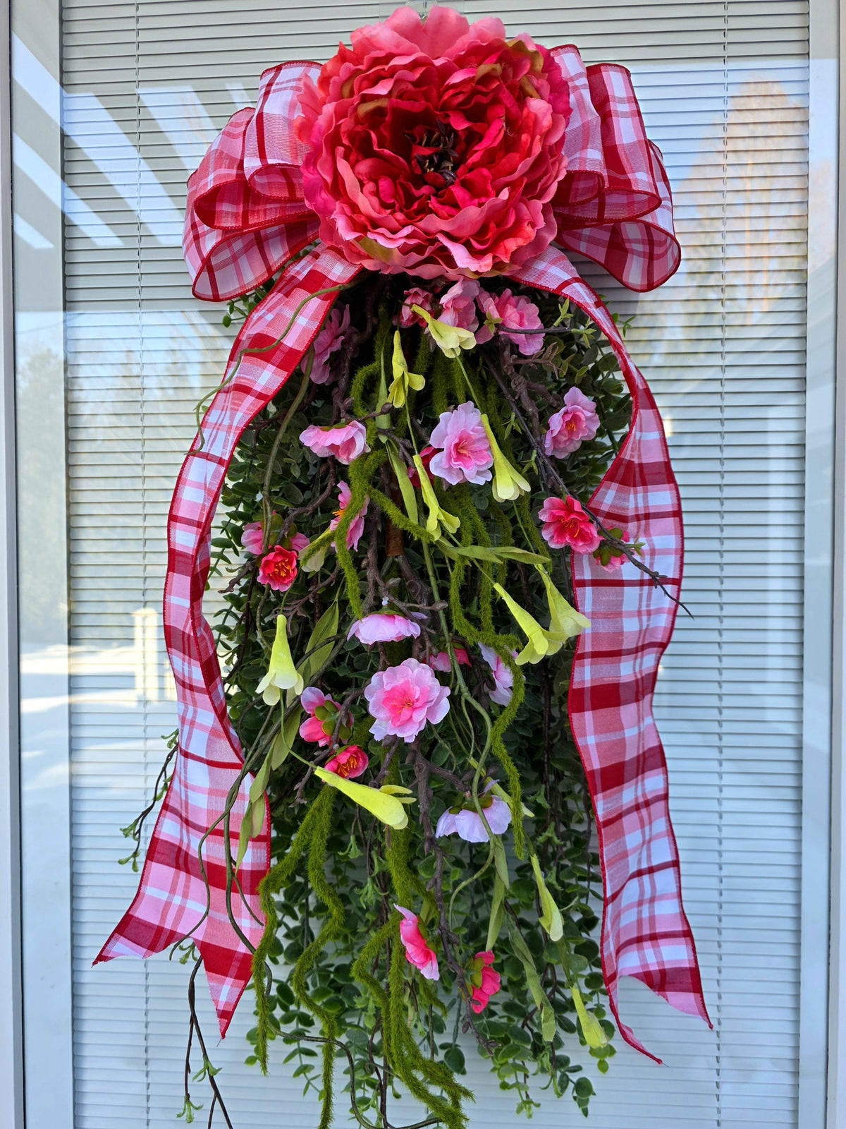 Spring Summer Wreath Teardrop Swag - Pink Floral Rustic Farmhouse Porch Decor