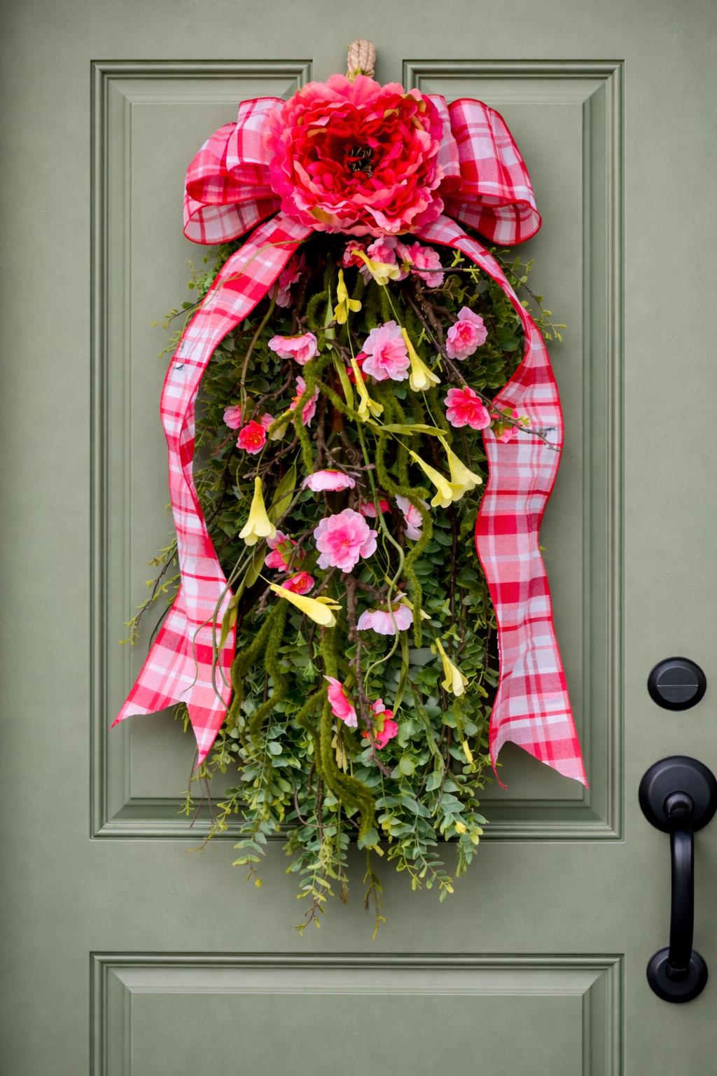 Spring Summer Wreath Teardrop Swag - Pink Floral Rustic Farmhouse Porch Decor